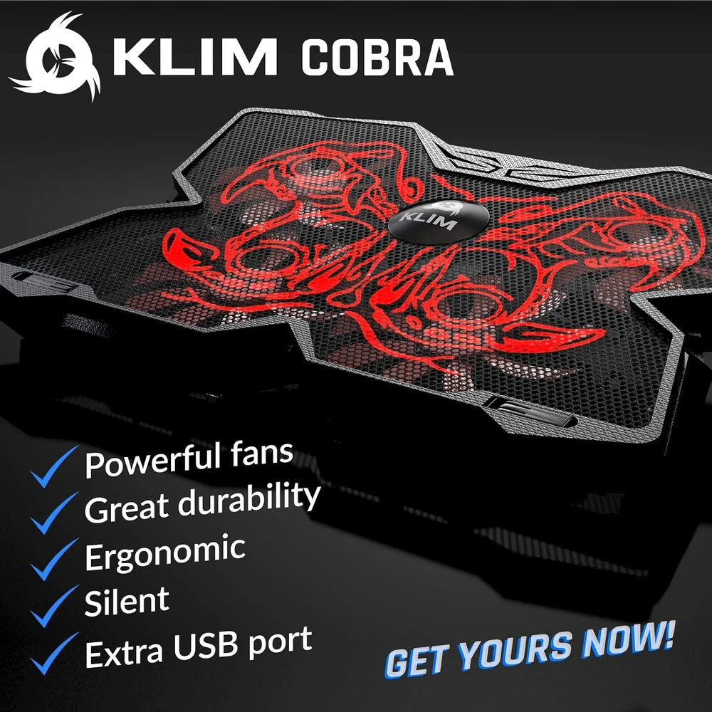 KLIM Cobra nešiojamojo kompiuterio aušinimo stovas su 4 ventiliatoriais ir USB