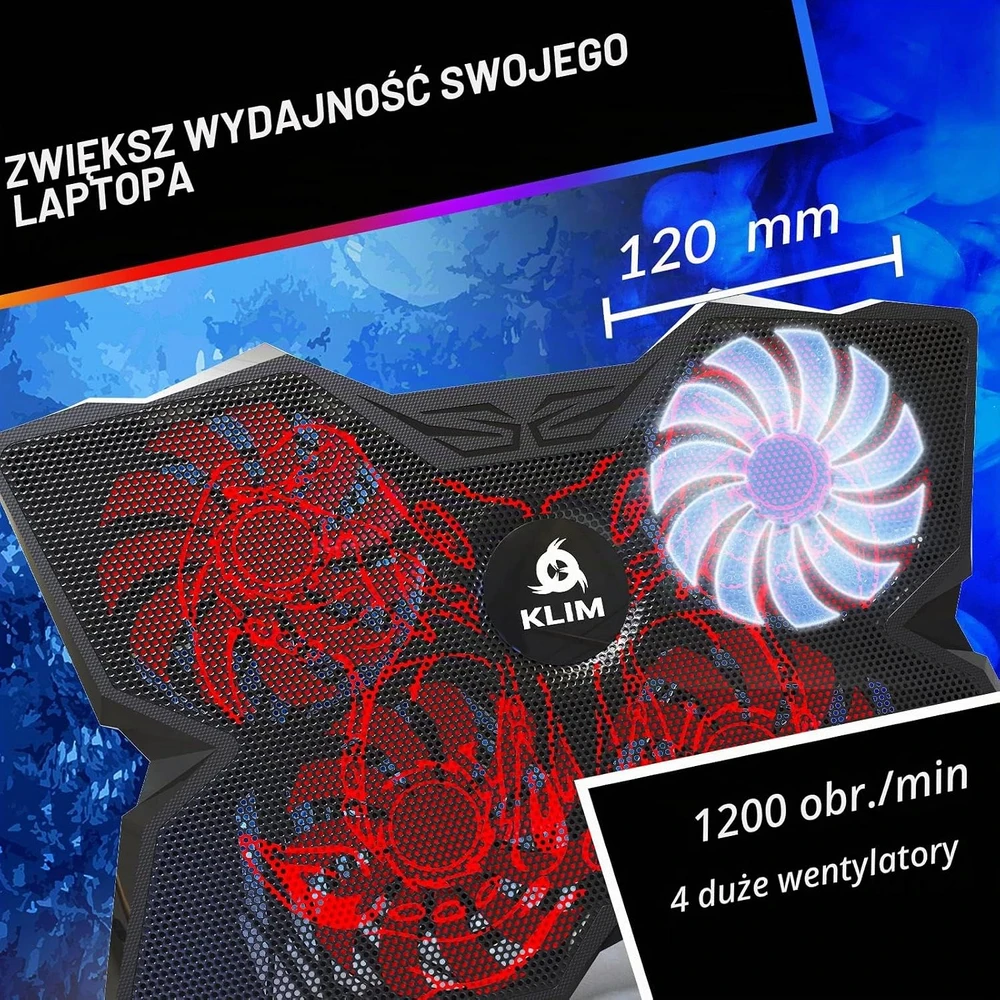 KLIM Cobra nešiojamojo kompiuterio aušinimo stovas su 4 ventiliatoriais ir USB