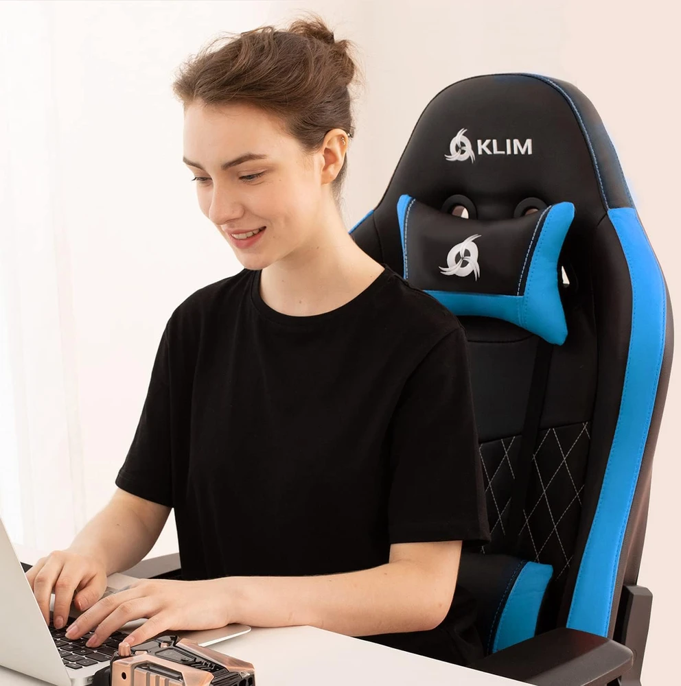 KLIM eSports žaidimų kėdė su 160° atlošu ir reguliuojamais porankiais, mėlyna