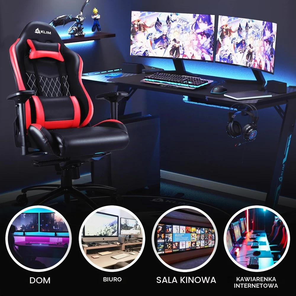 KLIM eSports žaidimų kėdė su reguliuojamais porankiais ir 160° atlošu, raudona, KLIM Chair