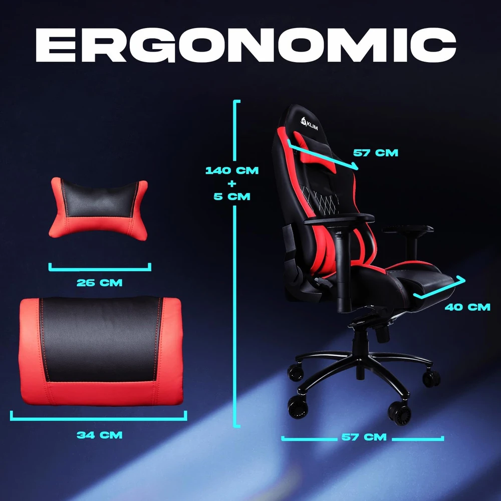 KLIM eSports žaidimų kėdė su reguliuojamais porankiais ir 160° atlošu, raudona, KLIM Chair