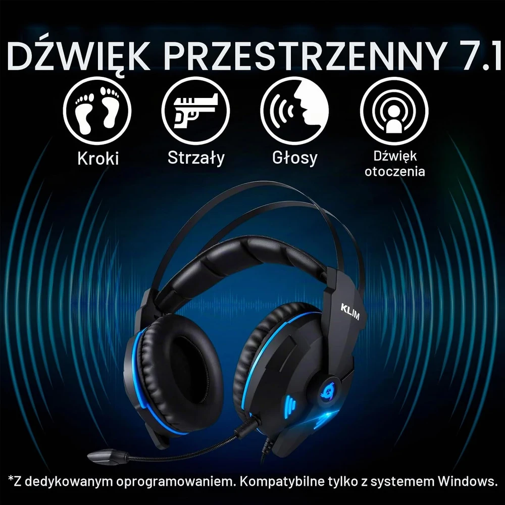 KLIM Impact V2 laidinės žaidimų ausinės su mikrofonu, 7.1 erdviniu garsu, juodos