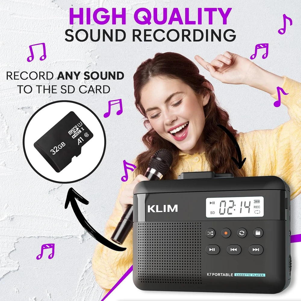 KLIM K7 nešiojamas kasečių grotuvas su MP3 keitikliu ir 32 GB SD kortele