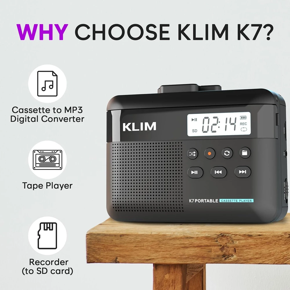 KLIM K7 nešiojamas kasečių grotuvas su MP3 keitikliu ir 32 GB SD kortele