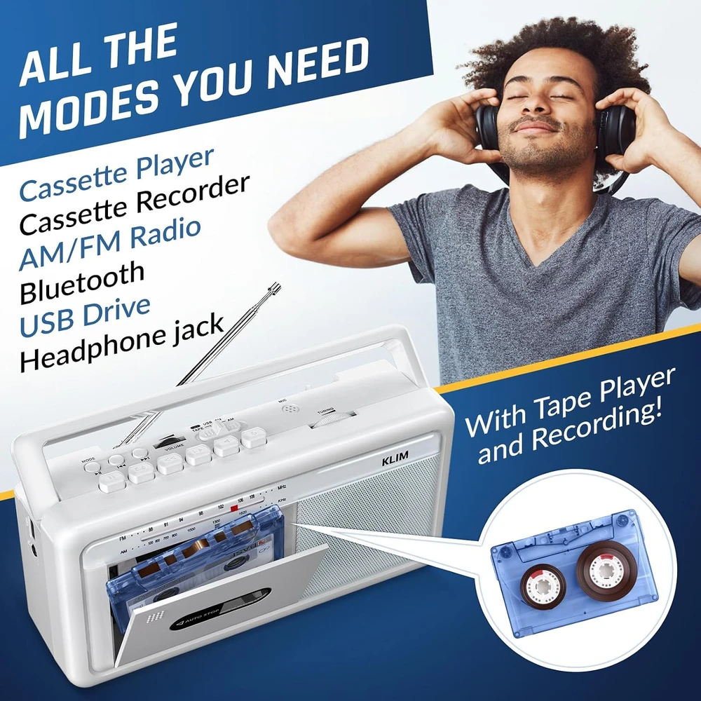 KLIM nešiojamas kasetinis magnetofonas su AM/FM radiju, Bluetooth ir USB KLSIN4825