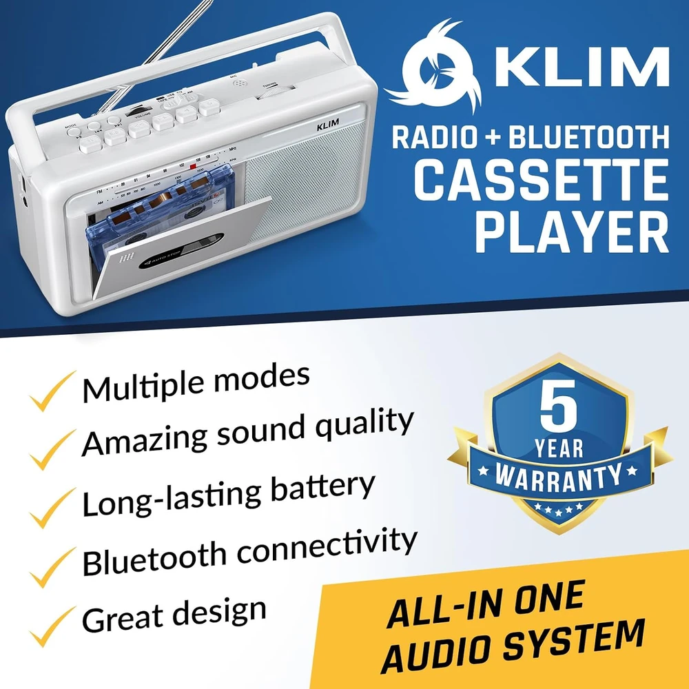 KLIM nešiojamas kasetinis magnetofonas su AM/FM radiju, Bluetooth ir USB KLSIN4825