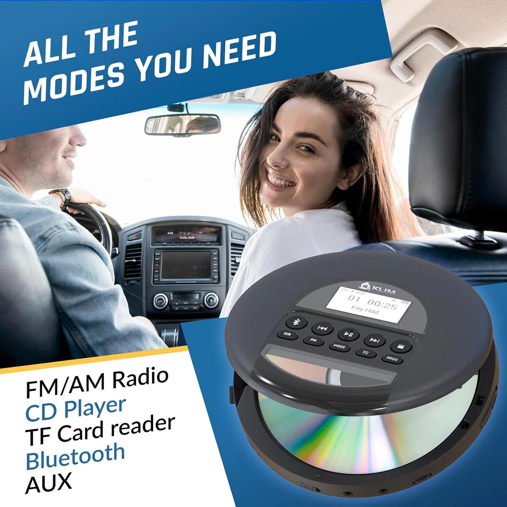KLIM nešiojamasis CD grotuvas su Bluetooth, FM radiju ir MP3 palaikymu KLNOM0353