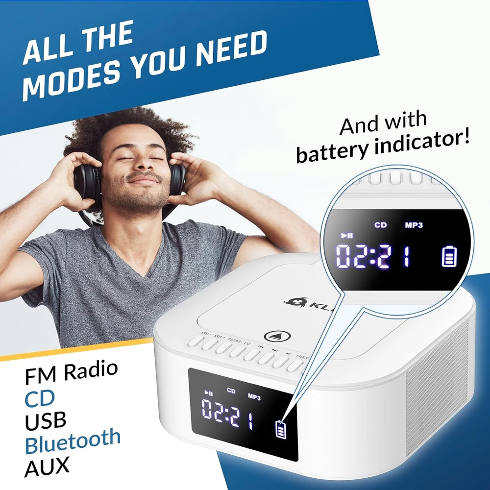 KLIM nešiojamasis CD stereo grotuvas Boombox E1 su Bluetooth, FM radiju, USB ir žemųjų dažnių garsiakalbiu