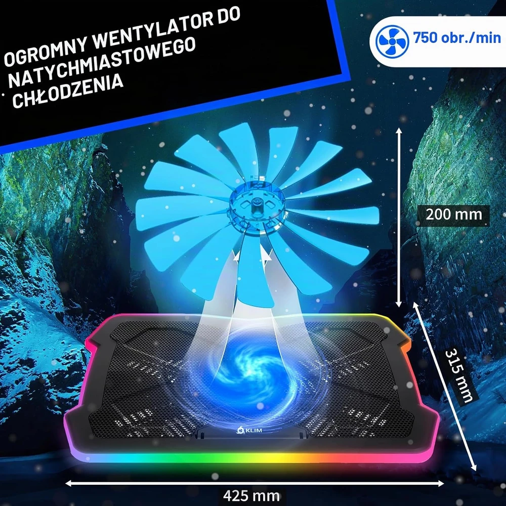 KLIM nešiojamojo kompiuterio aušinimo padėklas Ultimate RGB 11–19 col. M20