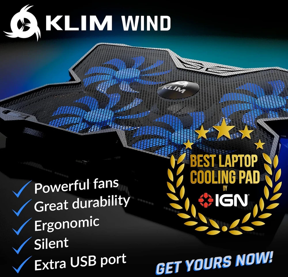 KLIM nešiojamojo kompiuterio aušinimo stovas su 4 ventiliatoriais ir 2 USB, mėlynas K2N