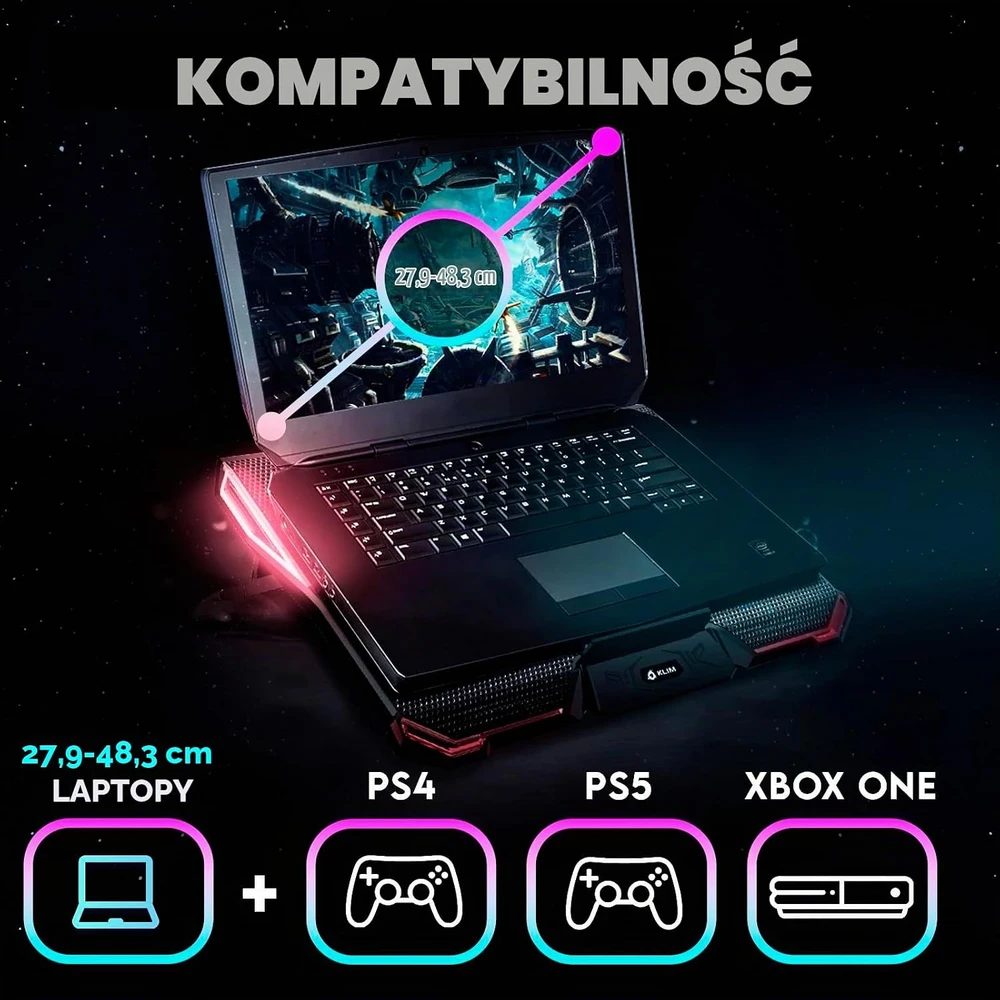 KLIM nešiojamojo kompiuterio aušinimo stovas su 5 ventiliatoriais ir 2 USB jungtimis, WR