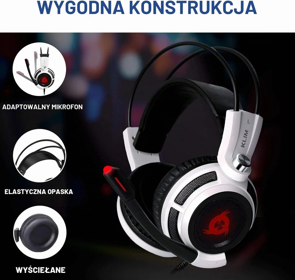 KLIM Puma laidinės žaidimų ausinės su mikrofonu, USB, 7.1 erdvinis garsas, baltos