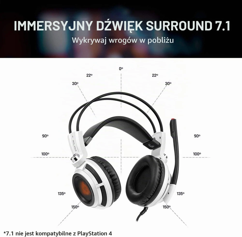 KLIM Puma laidinės žaidimų ausinės su mikrofonu, USB, 7.1 erdvinis garsas, baltos
