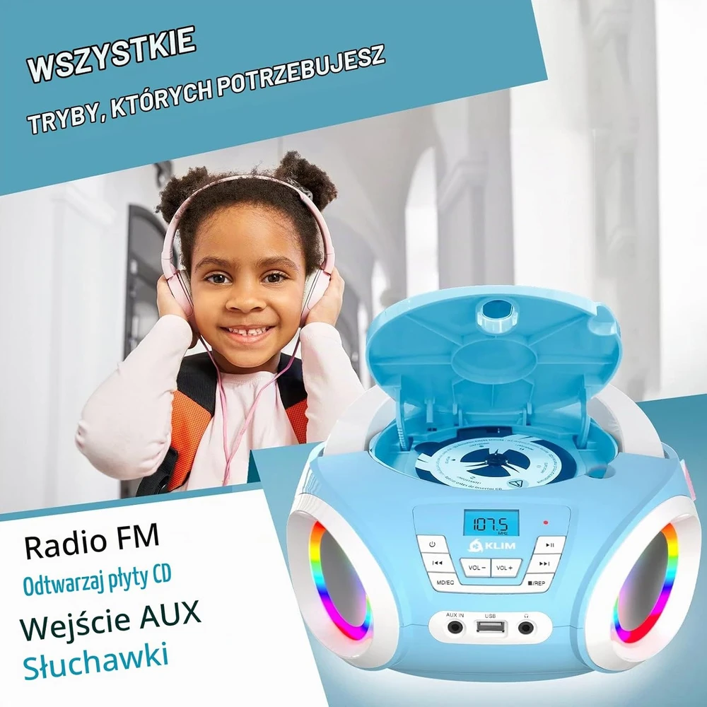 KLIM vaikiškas nešiojamas CD grotuvas su FM radiju, RGB apšvietimu ir 13 W galia BCDY
