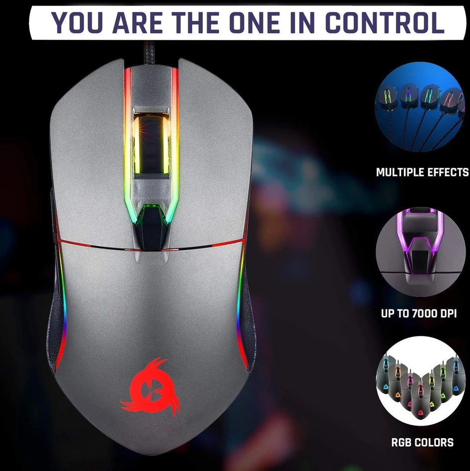 KLIM žaidimų pelė Aim su USB, RGB apšvietimu, 7000 DPI ir 7 mygtukais KLGL-AIM-GRY-1