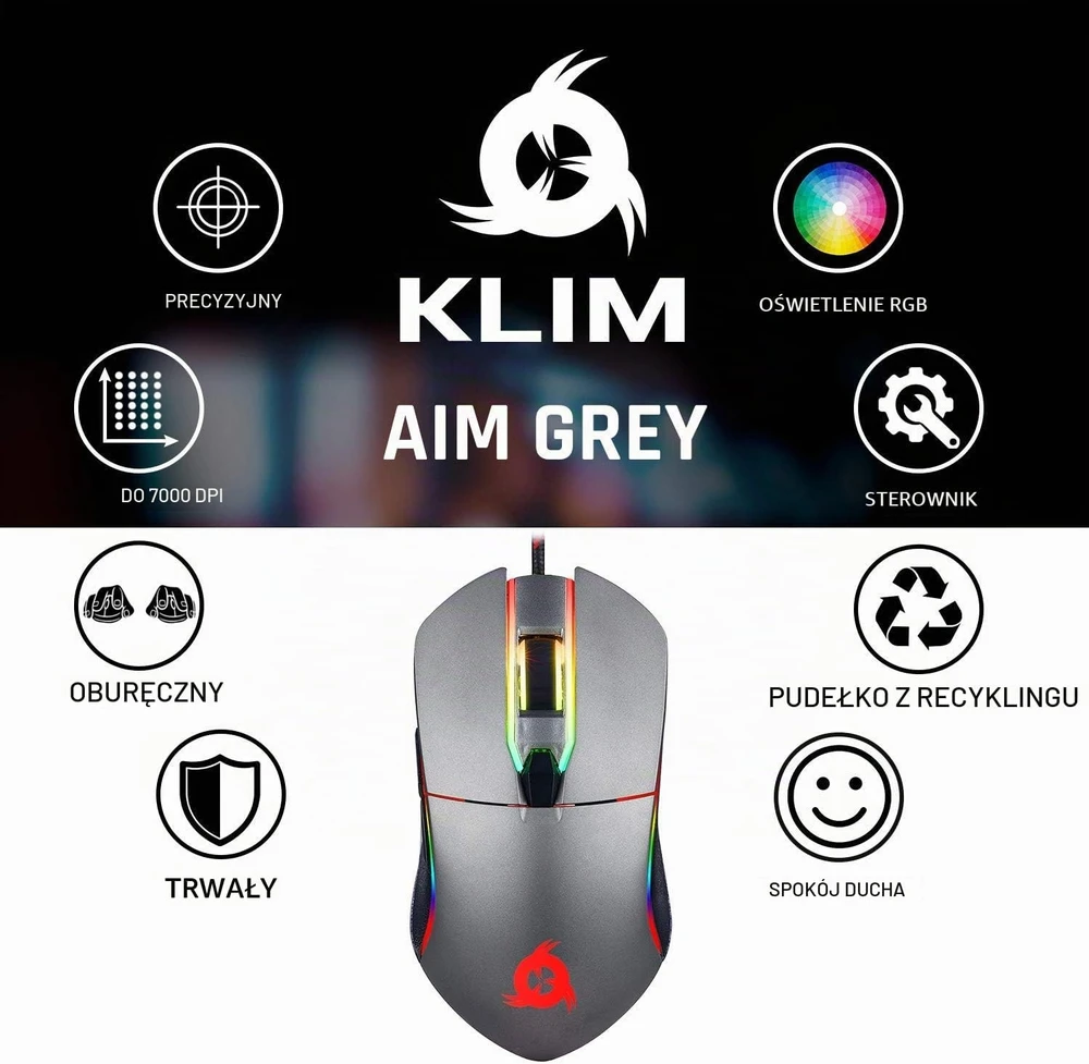 KLIM žaidimų pelė Aim su USB, RGB apšvietimu, 7000 DPI ir 7 mygtukais KLGL-AIM-GRY-1