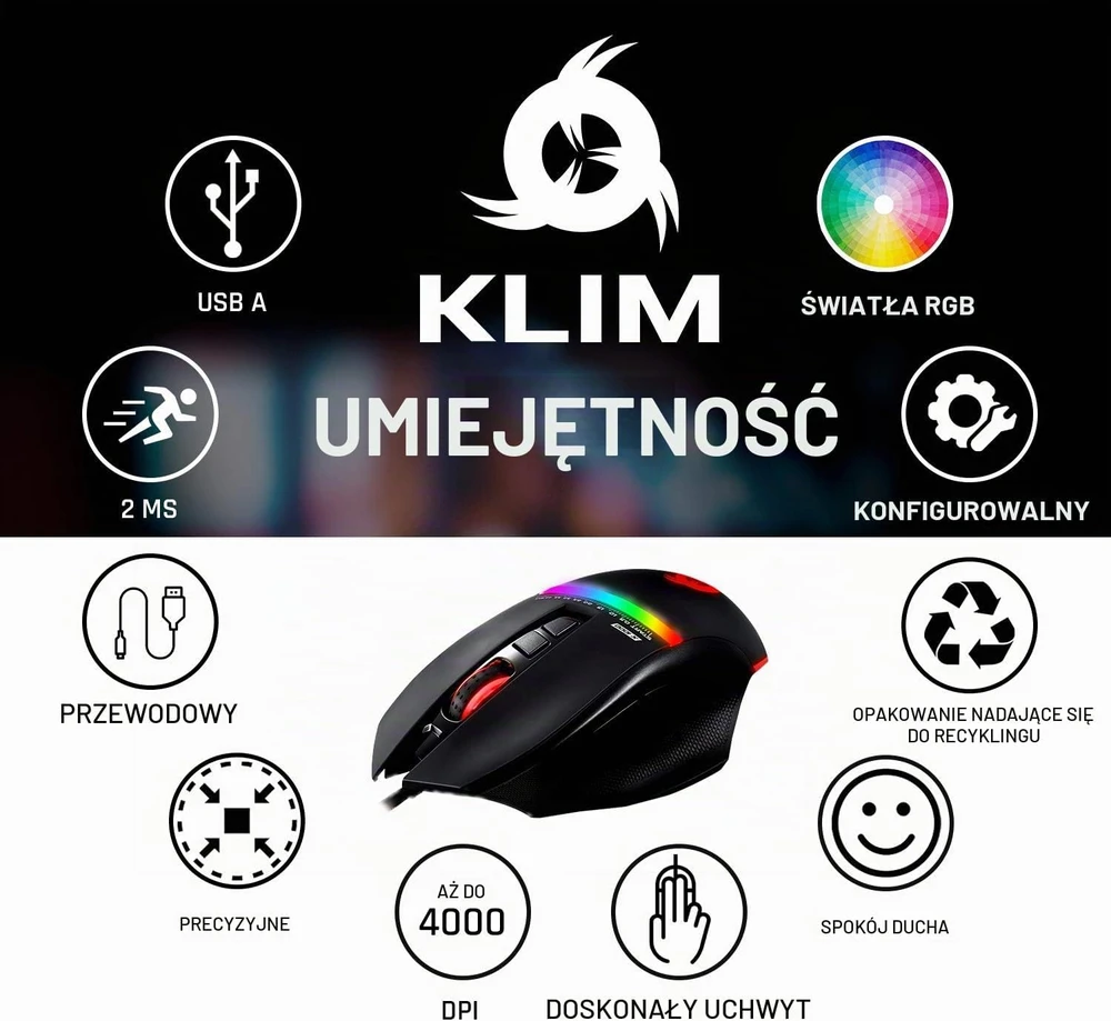 KLIM žaidimų pelė USB, optinė, 4000 DPI, 7 programuojami mygtukai, KLIM Skill