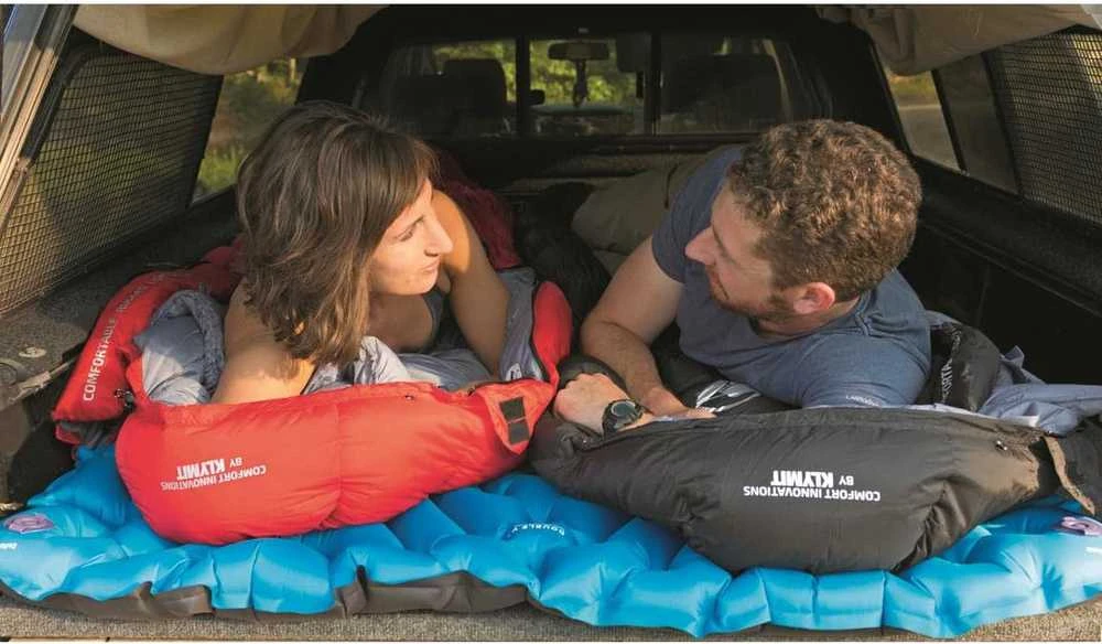 Klymit dvivietis pripučiamas turistinis kilimėlis, V formos, 120 cm pločio, mėlynas, 2 asmenims, 06DVBL02E