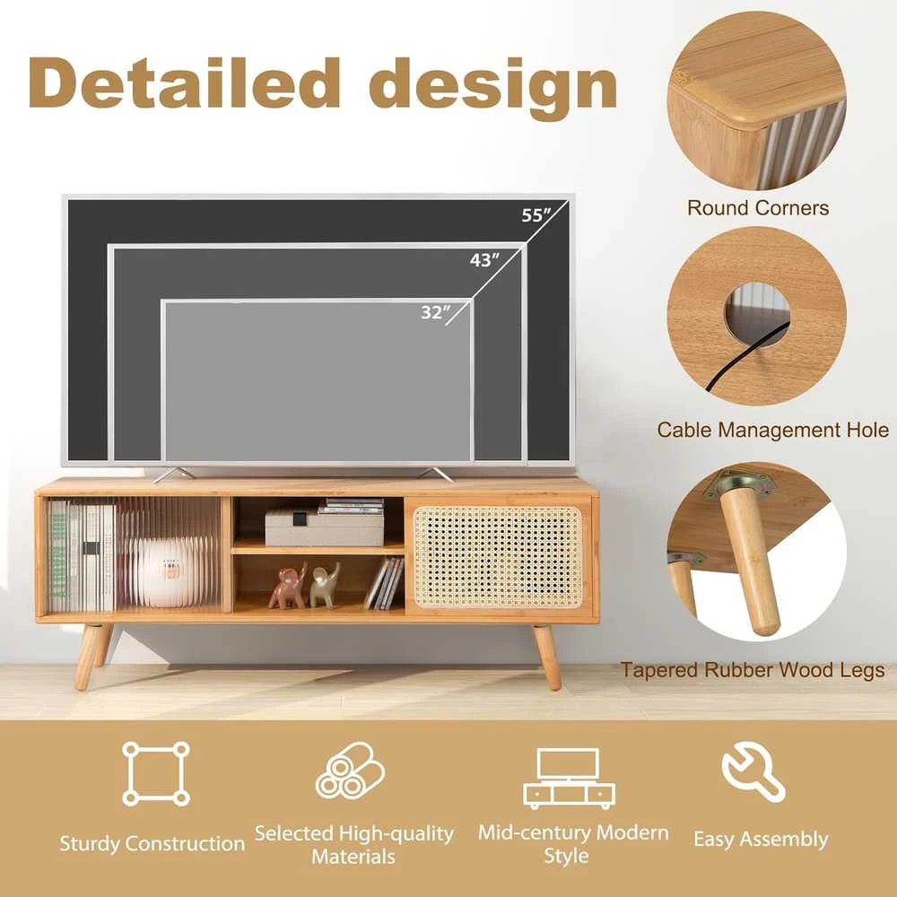 TV staliukas KOMFOTTEU bambukinė TV spintelė su stiklinėmis ir rataninėmis durelėmis, reguliuojamos lentynos, 120,5 × 31 × 45,5 cm