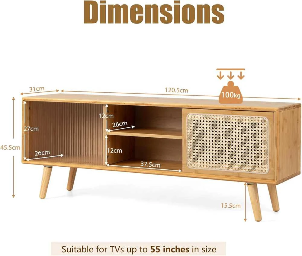 TV staliukas KOMFOTTEU bambukinė TV spintelė su stiklinėmis ir rataninėmis durelėmis, reguliuojamos lentynos, 120,5 × 31 × 45,5 cm