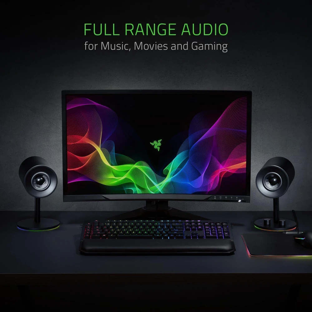 Kompiuterio kolonėlės Razer 2.0 kompiuterinės garsiakalbės su AUX ir USB, 3 colių stiklo pluošto garsiakalbiai, RGB apšvietimas, Nommo Chroma
