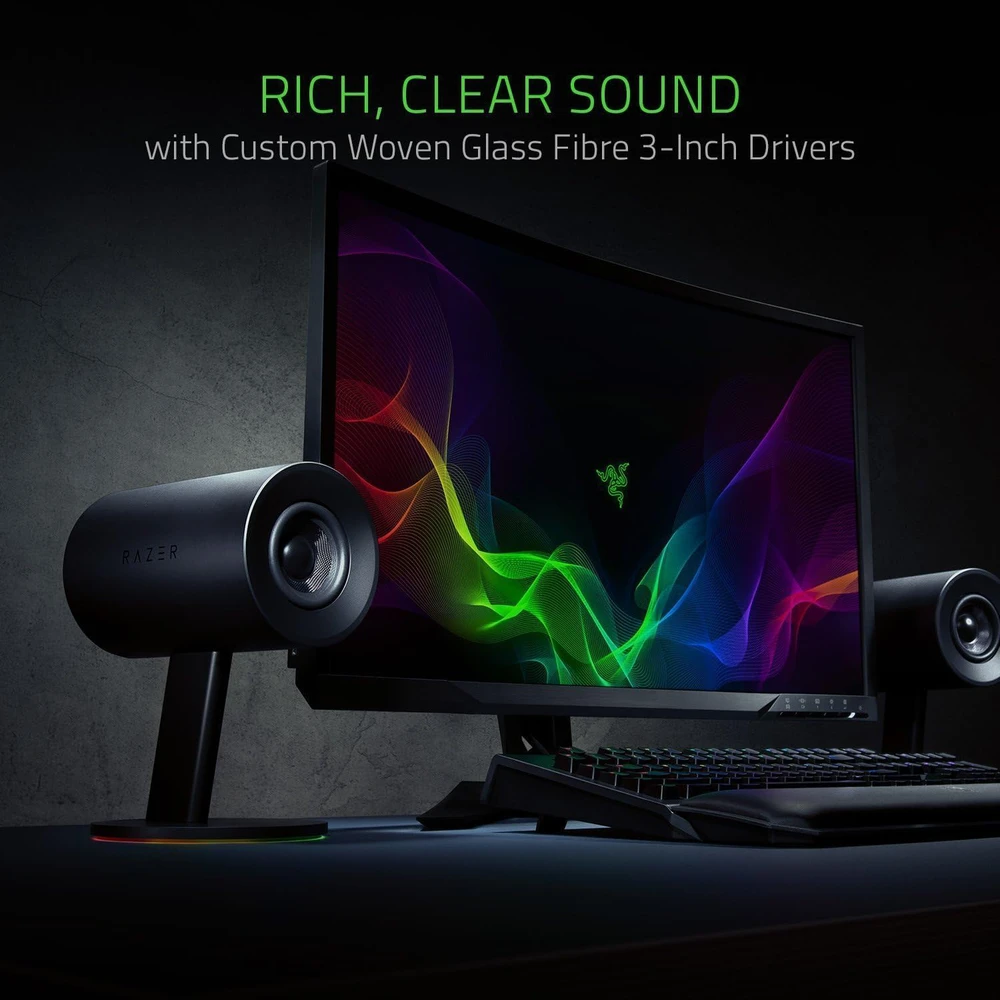 Kompiuterio kolonėlės Razer 2.0 kompiuterinės garsiakalbės su AUX ir USB, 3 colių stiklo pluošto garsiakalbiai, RGB apšvietimas, Nommo Chroma