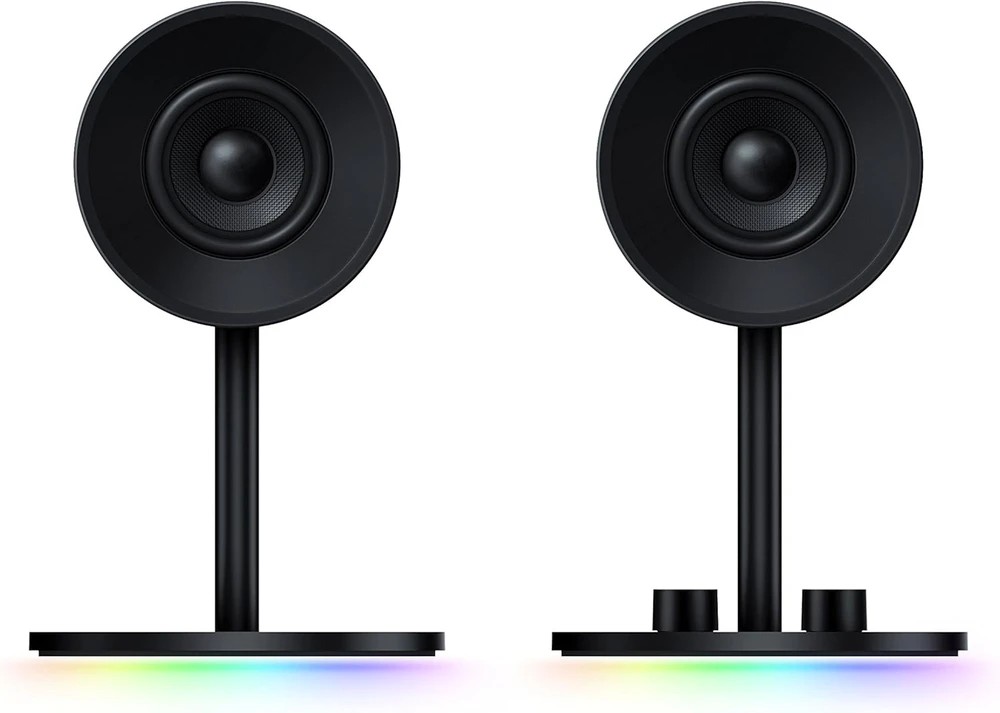 Kompiuterio kolonėlės Razer 2.0 kompiuterinės garsiakalbės su AUX ir USB, 3 colių stiklo pluošto garsiakalbiai, RGB apšvietimas, Nommo Chroma