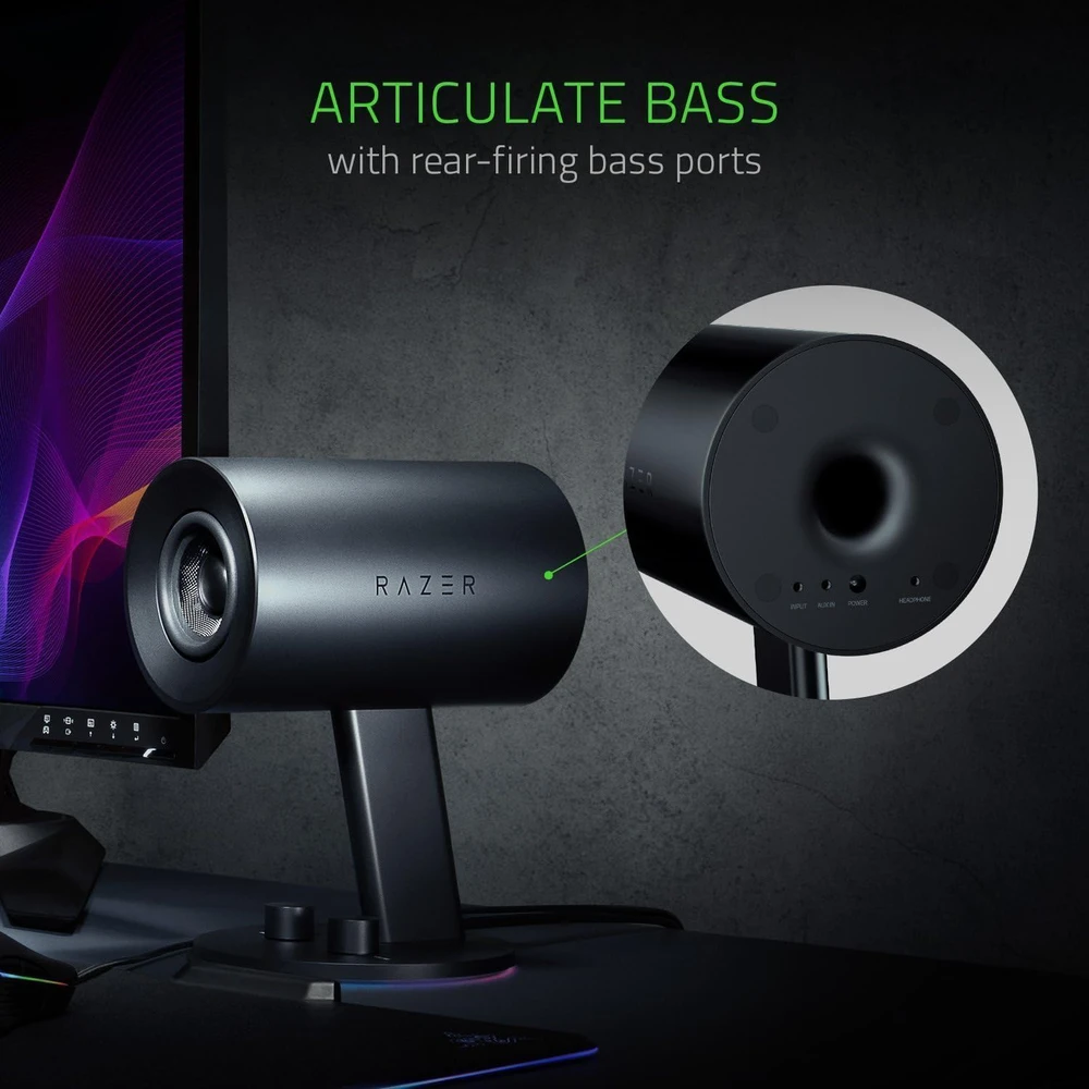 Kompiuterio kolonėlės Razer 2.0 kompiuterinės garsiakalbės su AUX ir USB, 3 colių stiklo pluošto garsiakalbiai, RGB apšvietimas, Nommo Chroma