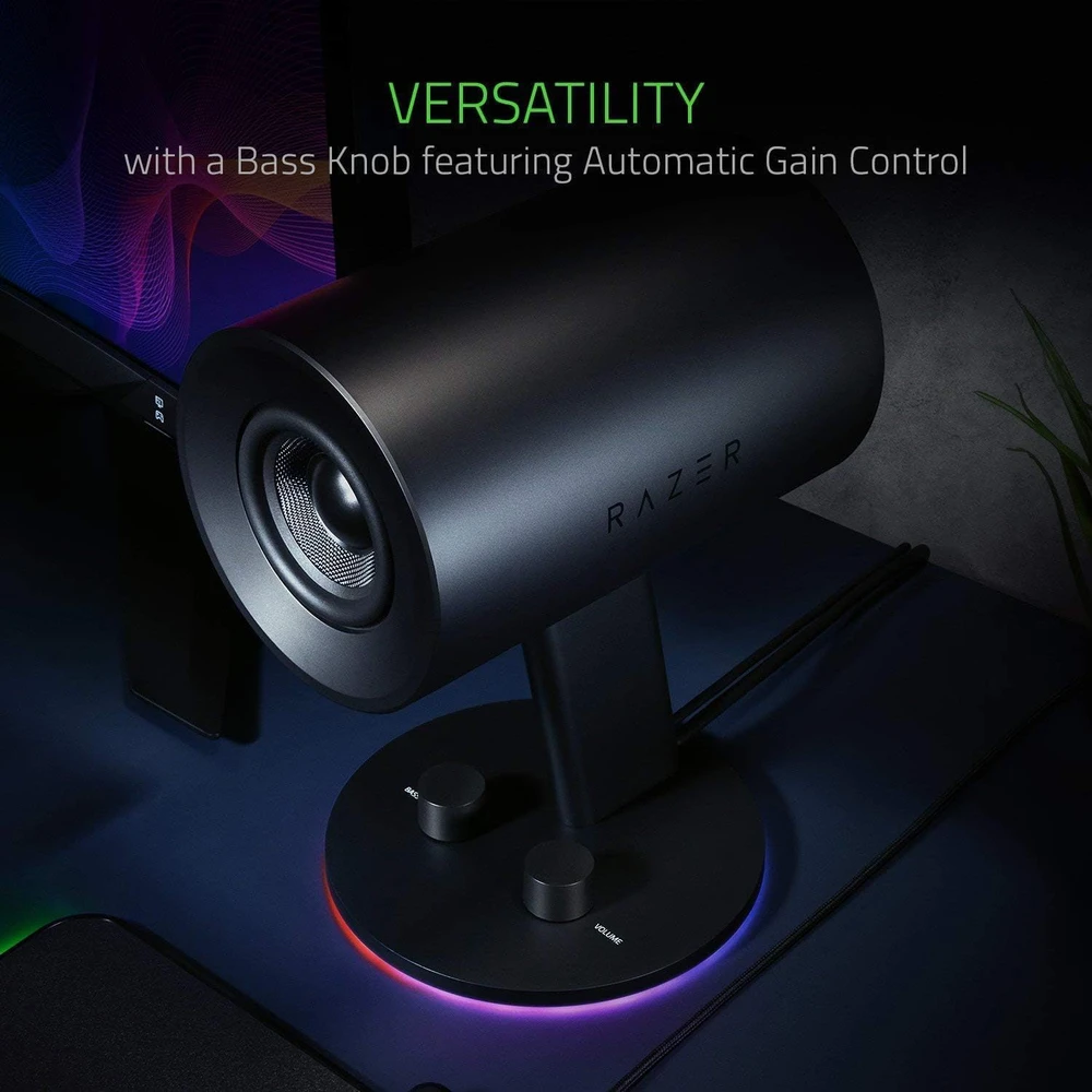 Kompiuterio kolonėlės Razer 2.0 kompiuterinės garsiakalbės su AUX ir USB, 3 colių stiklo pluošto garsiakalbiai, RGB apšvietimas, Nommo Chroma