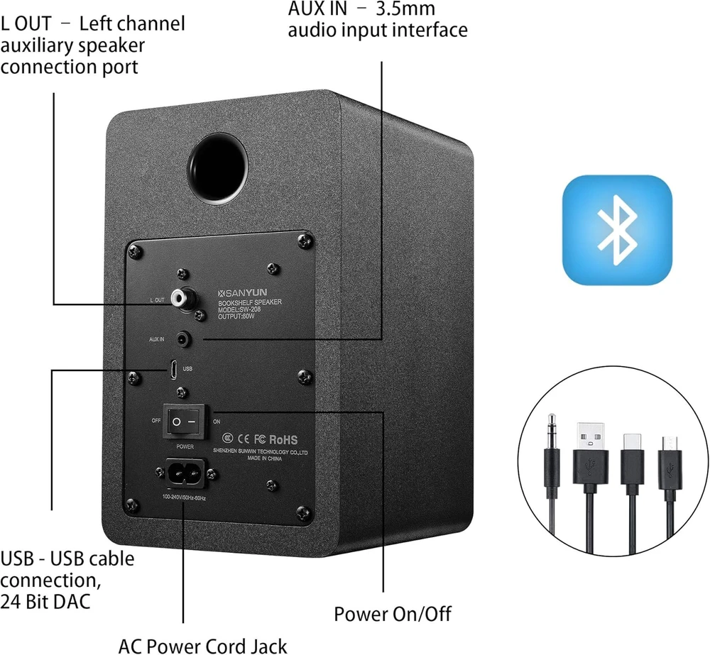 Kompiuterio kolonėlės Sanyun kompiuterinės lentynos garsiakalbiai Bluetooth 5.0, 60 W, aktyvūs, juodi, SW208