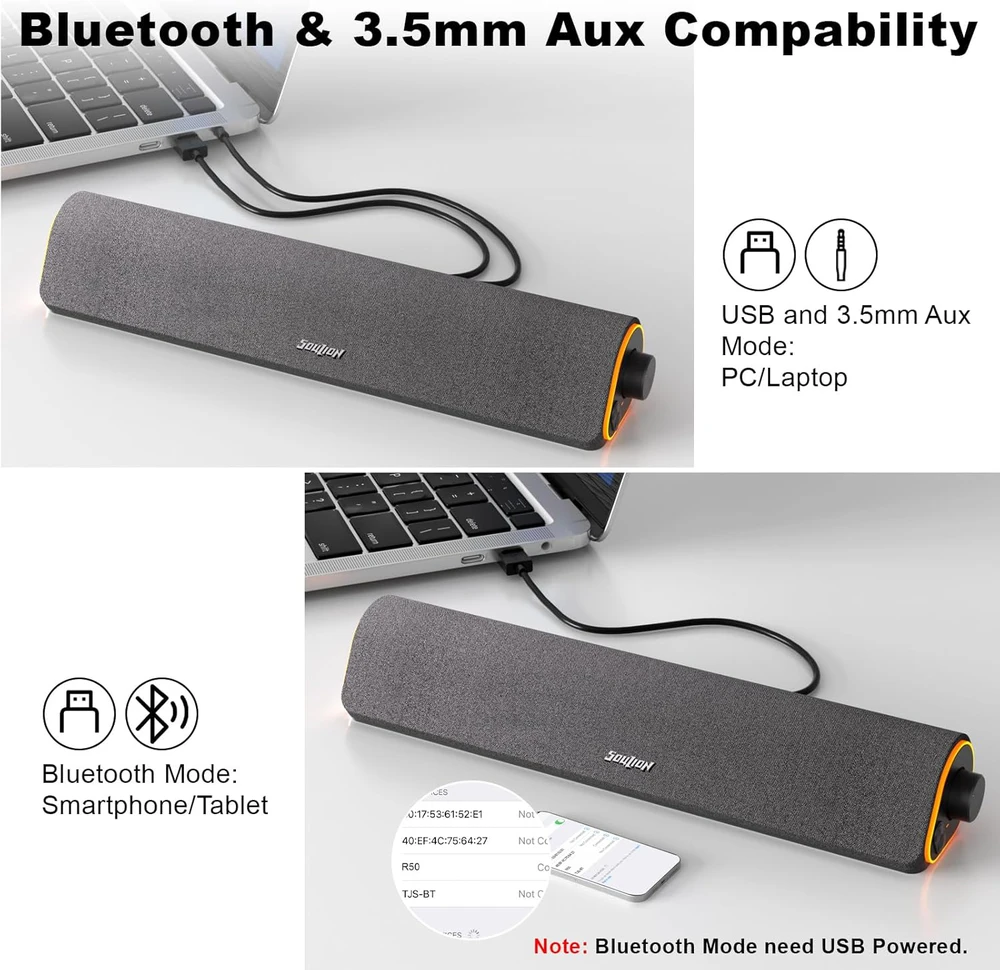 Kompiuterio kolonėlės SOULION kompiuterinė garso kolonėlė soundbar Bluetooth 5.3, 10 W, RGB apšvietimas, R50