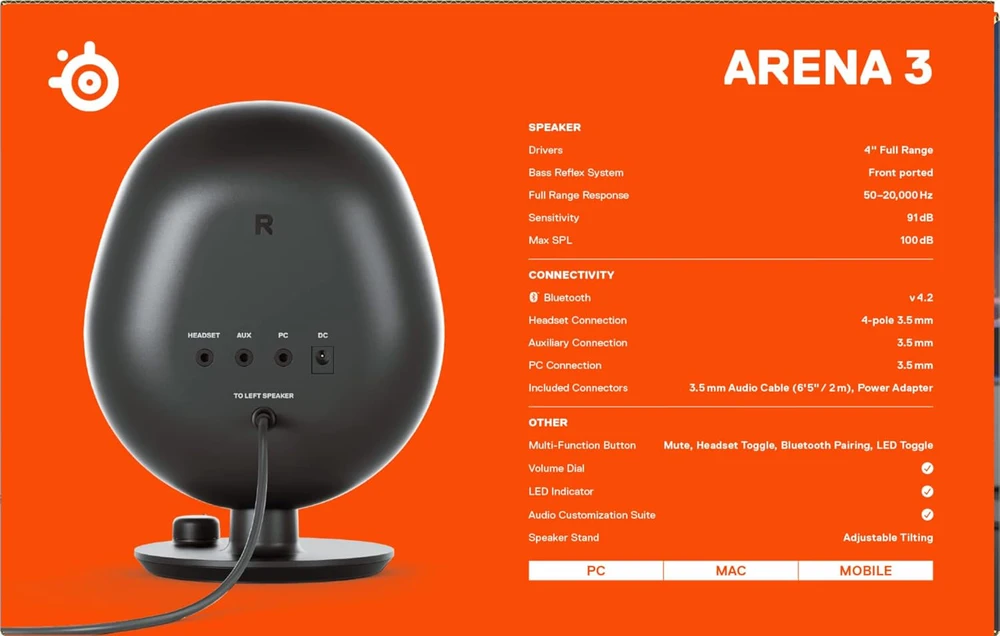 Kompiuterio kolonėlės SteelSeries Arena 3, Juodos spalvos