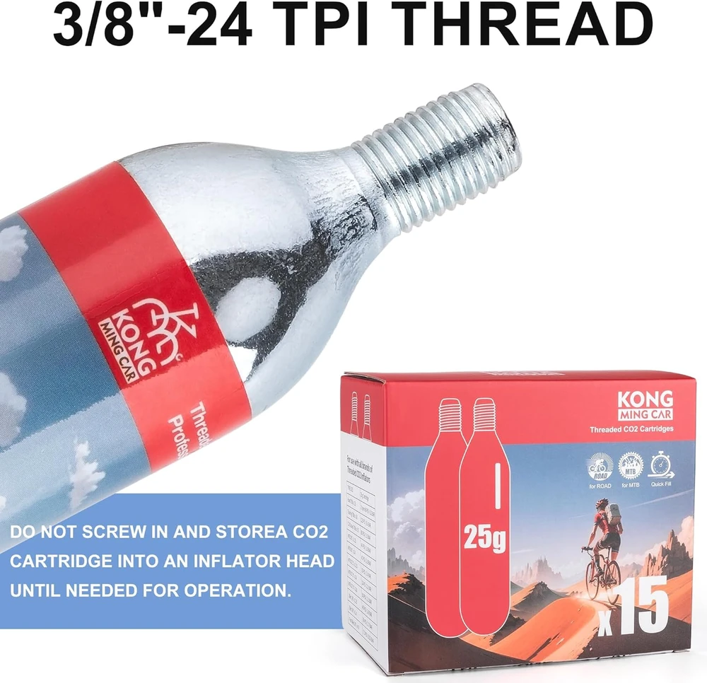 KONG MING CAR CO2 kasetės su sriegiu 16 g/25 g dviračių pompos užpildymui (15 vnt.)