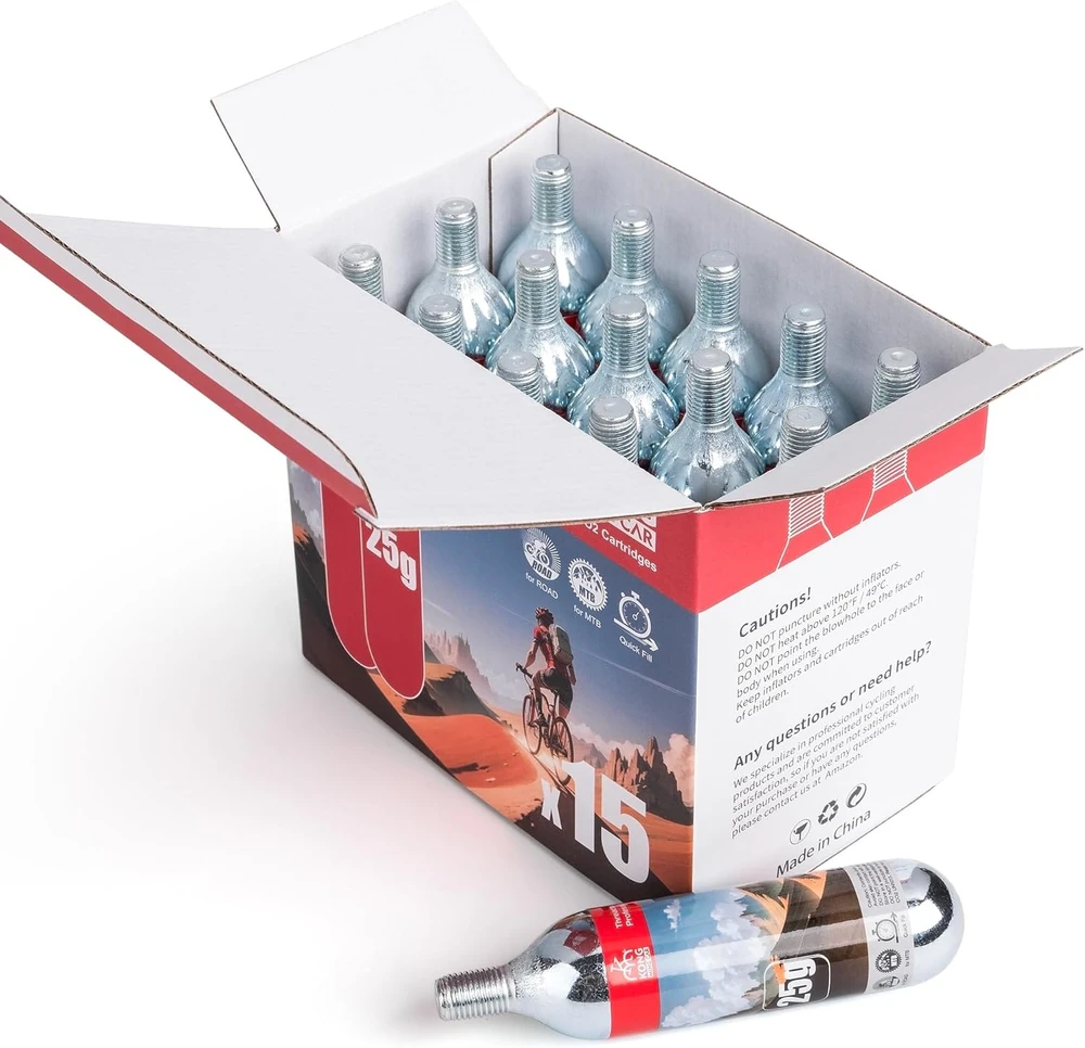 KONG MING CAR CO2 kasetės su sriegiu 16 g/25 g dviračių pompos užpildymui (15 vnt.)