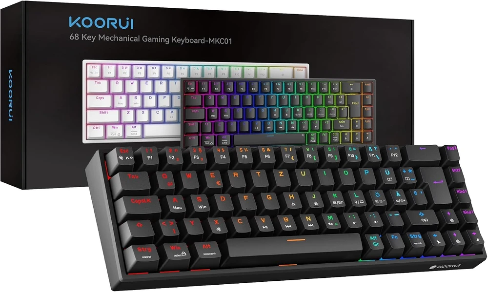 KOORUI mechaninė 60 % žaidimų klaviatūra su RGB apšvietimu, QWERTZ, MKC01