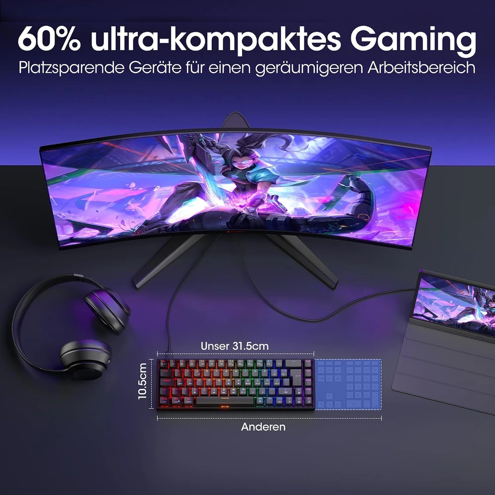 KOORUI mechaninė 60 % žaidimų klaviatūra su RGB apšvietimu, QWERTZ, MKC01