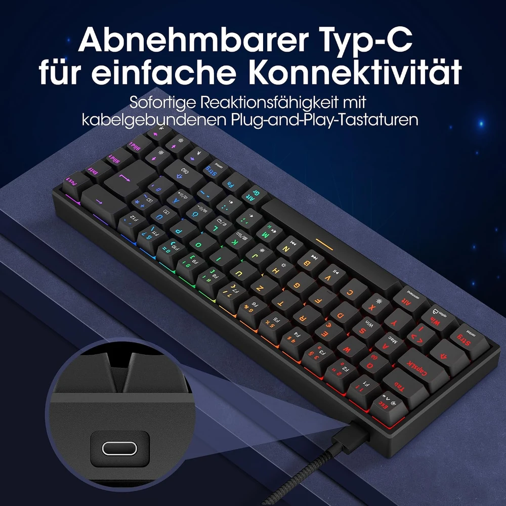 KOORUI mechaninė 60 % žaidimų klaviatūra su RGB apšvietimu, QWERTZ, MKC01