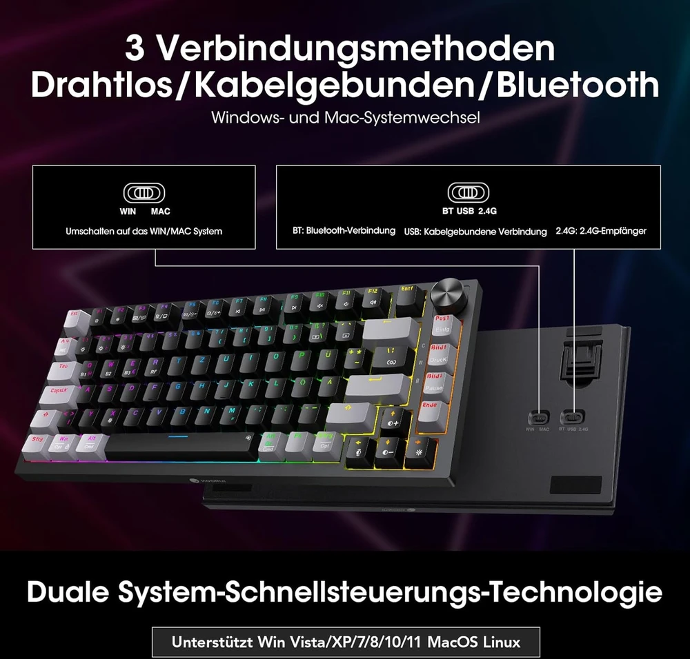KOORUI mechaninė belaidė žaidimų klaviatūra Bluetooth, RGB, QWERTZ, 82 klavišai, MK082-Raudonas