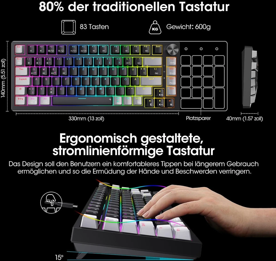 KOORUI mechaninė belaidė žaidimų klaviatūra Bluetooth, RGB, QWERTZ, 82 klavišai, MK082-Raudonas