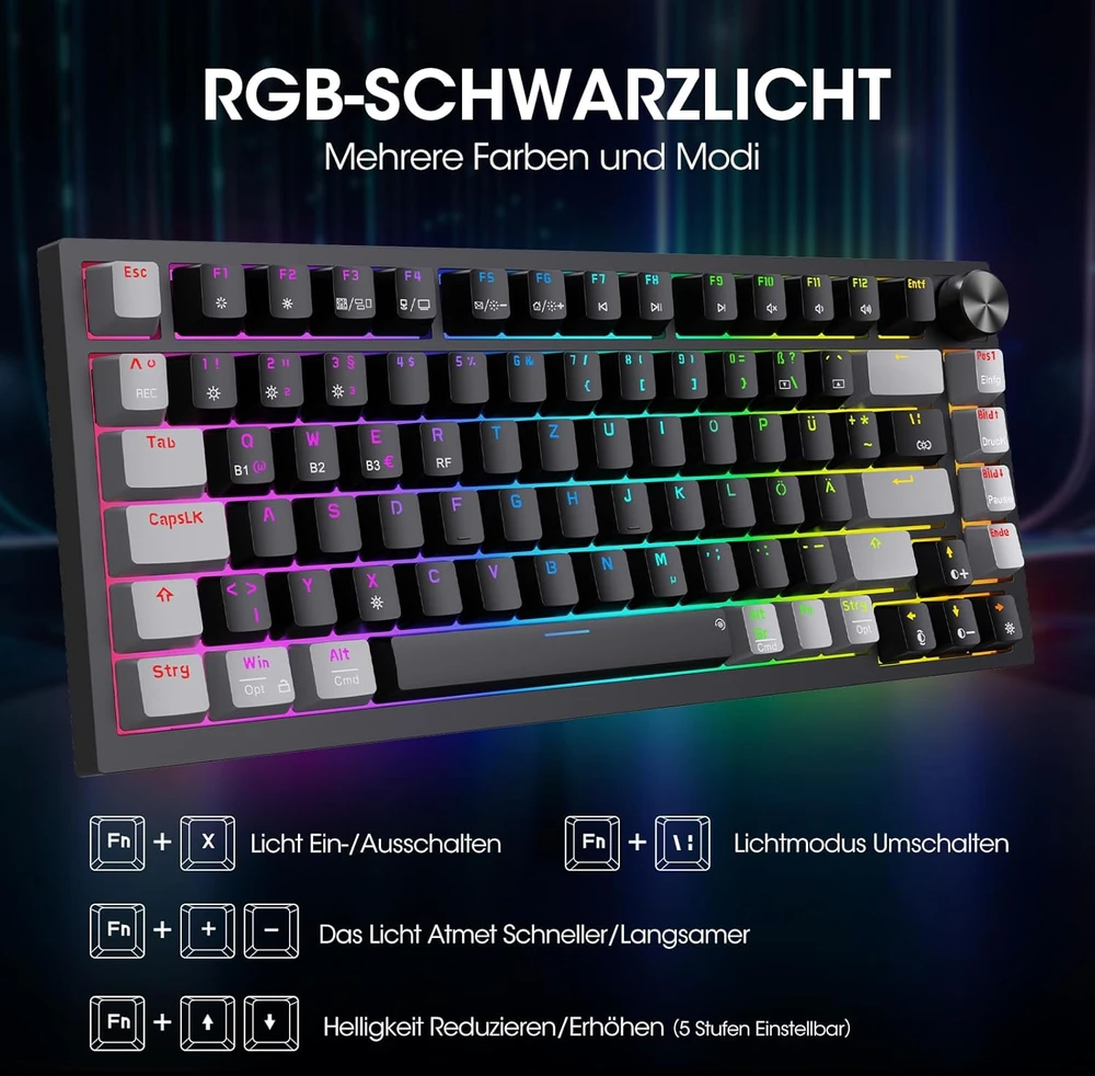 KOORUI mechaninė belaidė žaidimų klaviatūra Bluetooth, RGB, QWERTZ, 82 klavišai, MK082-Raudonas