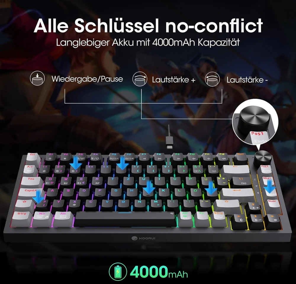 KOORUI mechaninė belaidė žaidimų klaviatūra Bluetooth, RGB, QWERTZ, 82 klavišai, MK082-Raudonas