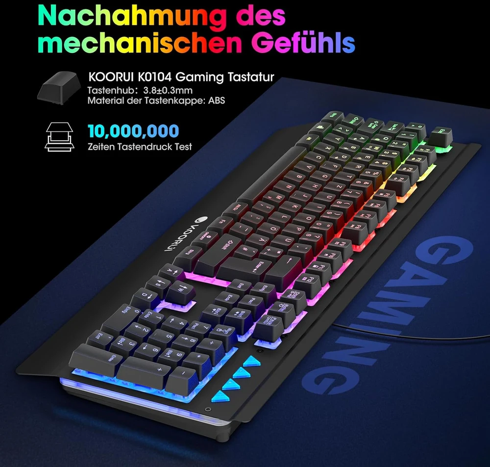 KOORUI žaidimų klaviatūra QWERTZ su RGB apšvietimu ir riešo atrama K0104
