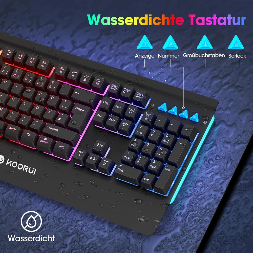 KOORUI žaidimų klaviatūra QWERTZ su RGB apšvietimu ir riešo atrama K0104