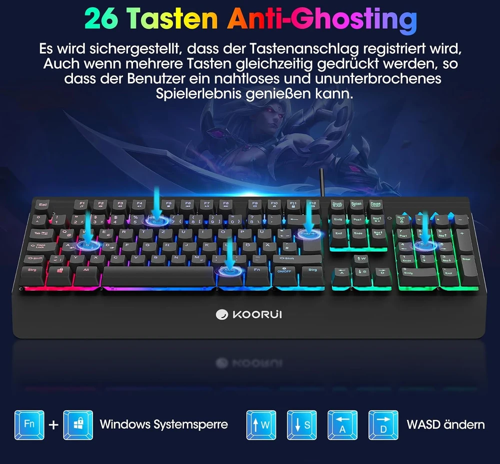 KOORUI žaidimų klaviatūra QWERTZ su RGB apšvietimu ir riešo atrama K0104