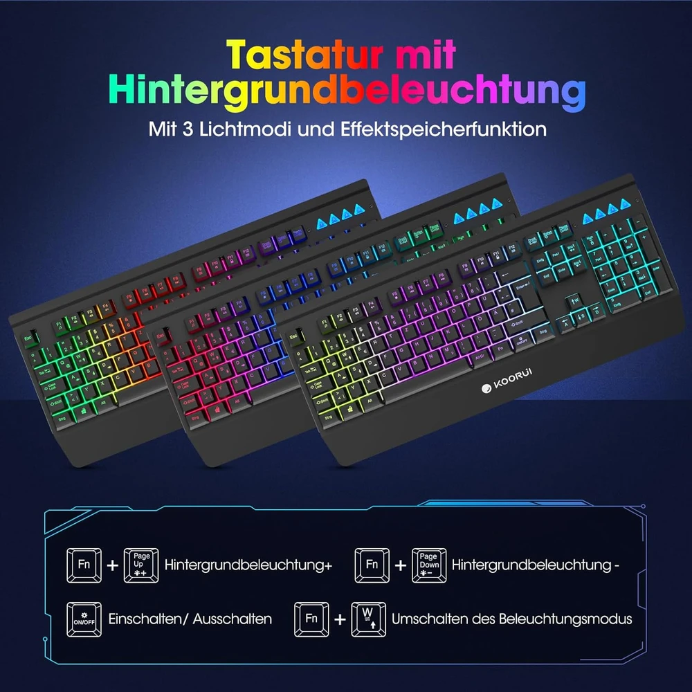 KOORUI žaidimų klaviatūra QWERTZ su RGB apšvietimu ir riešo atrama K0104