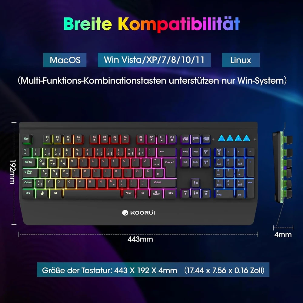 KOORUI žaidimų klaviatūra QWERTZ su RGB apšvietimu ir riešo atrama K0104