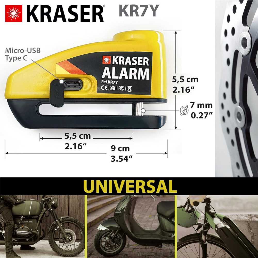 KRASER motociklo stabdžių disko spyna su signalizacija, 7 mm kaištis, USB įkraunama, KR7Y