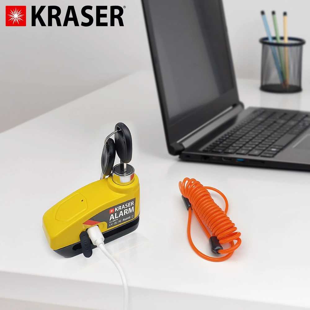 KRASER motociklo stabdžių disko spyna su signalizacija, 7 mm kaištis, USB įkraunama, KR7Y