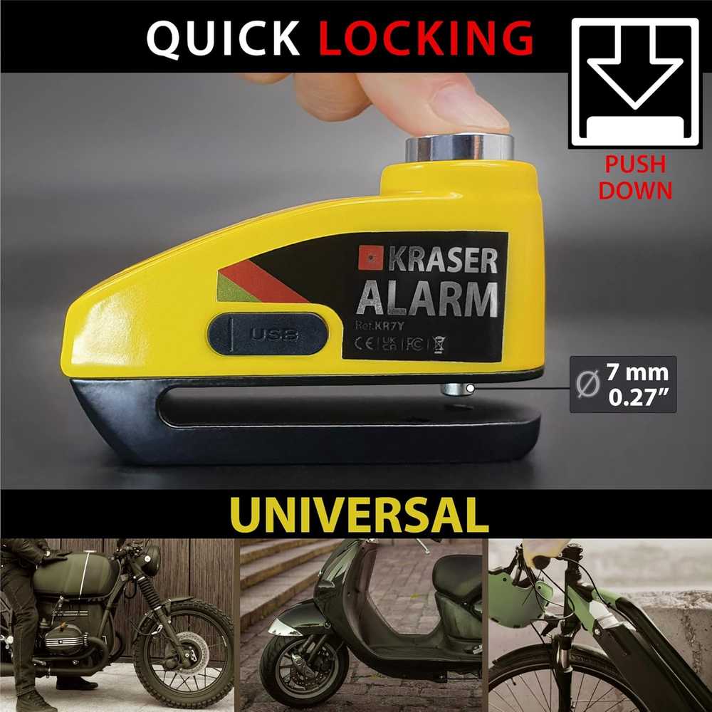 KRASER motociklo stabdžių disko spyna su signalizacija, 7 mm kaištis, USB įkraunama, KR7Y