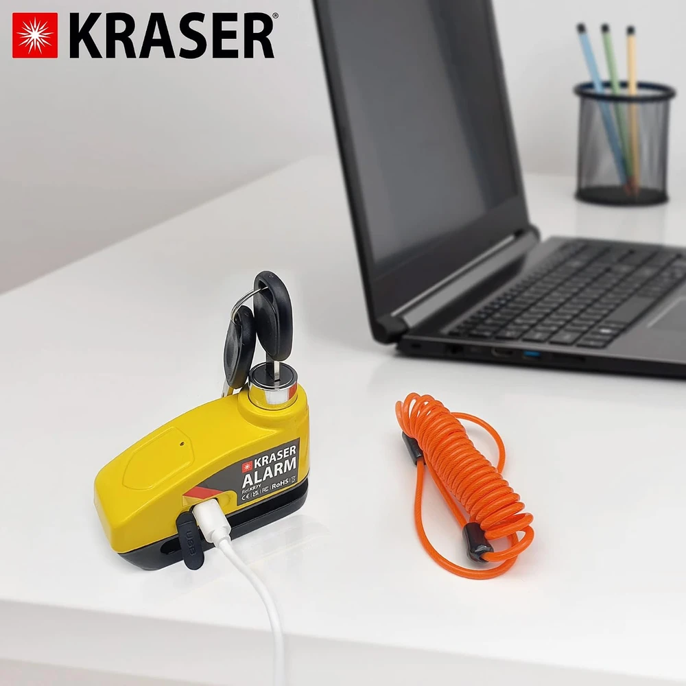 KRASER motociklo stabdžių disko spyna su signalizacija, 7 mm kaištis, USB įkraunama, KR7Y